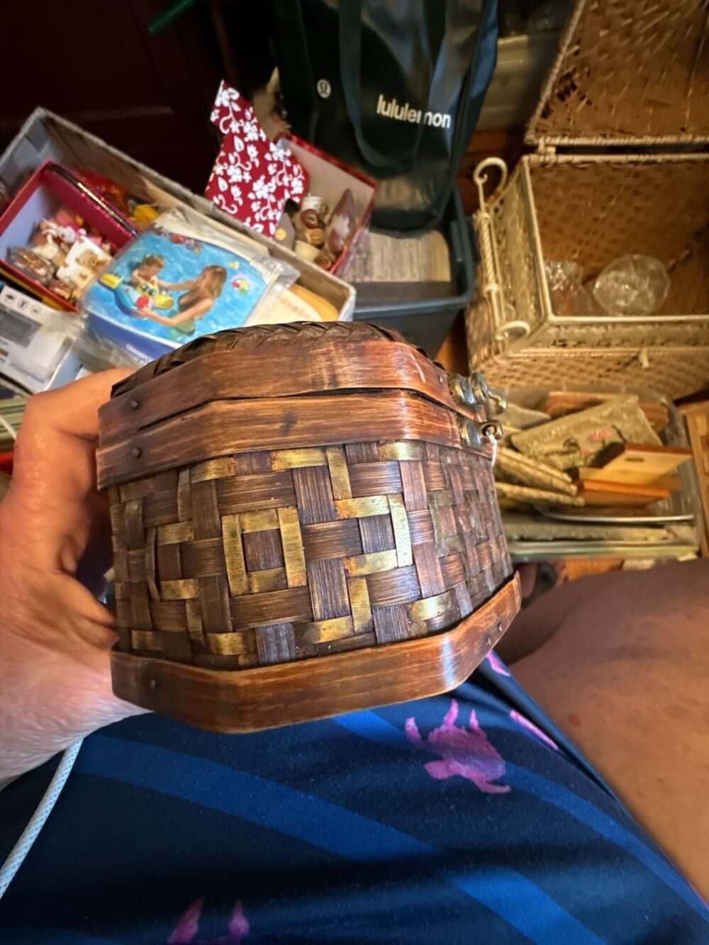 Woven Storage Container / Basket around Wooden box; Hard to find one like this!
